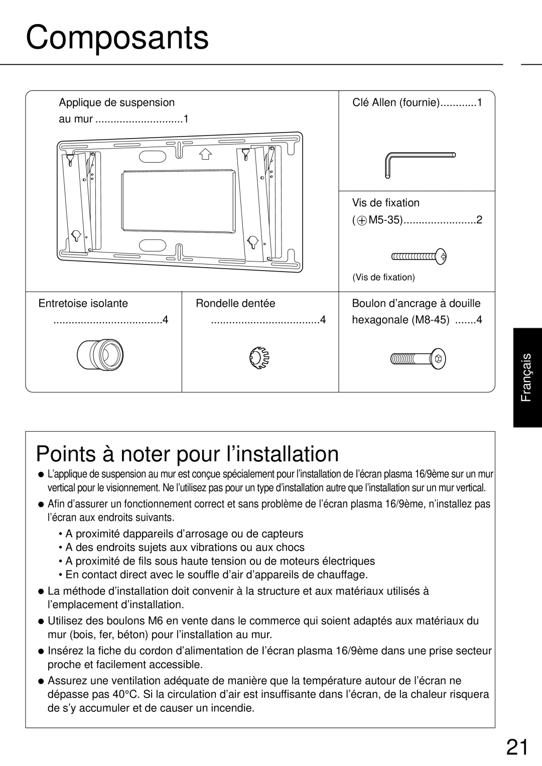 JVC TS-C50P2G, TS-C50P6G manual Composants, Points à noter pour l’installation, Boulon d’ancrage à douille Hexagonale M8-45 