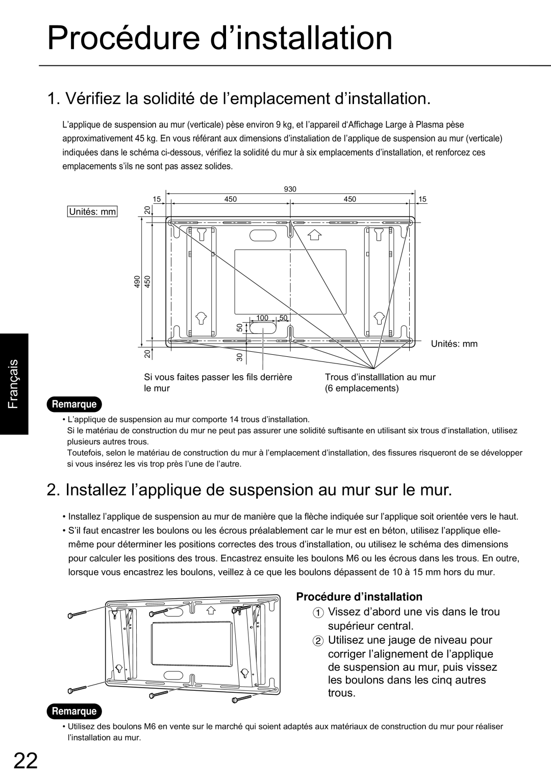 JVC TS-C50P6G, TS-C50P2G manual Procédure d’installation, Vérifiez la solidité de l’emplacement d’installation 