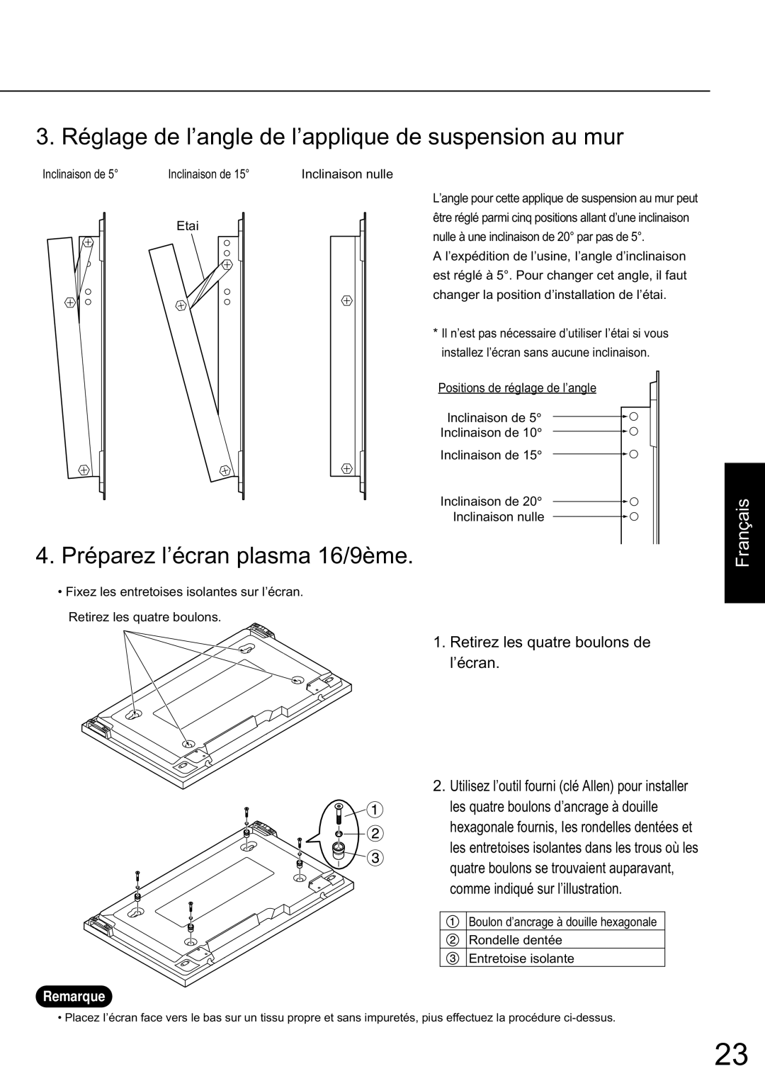 JVC TS-C50P2G, TS-C50P6G manual Réglage de l’angle de l’applique de suspension au mur, Préparez l’écran plasma 16/9ème 