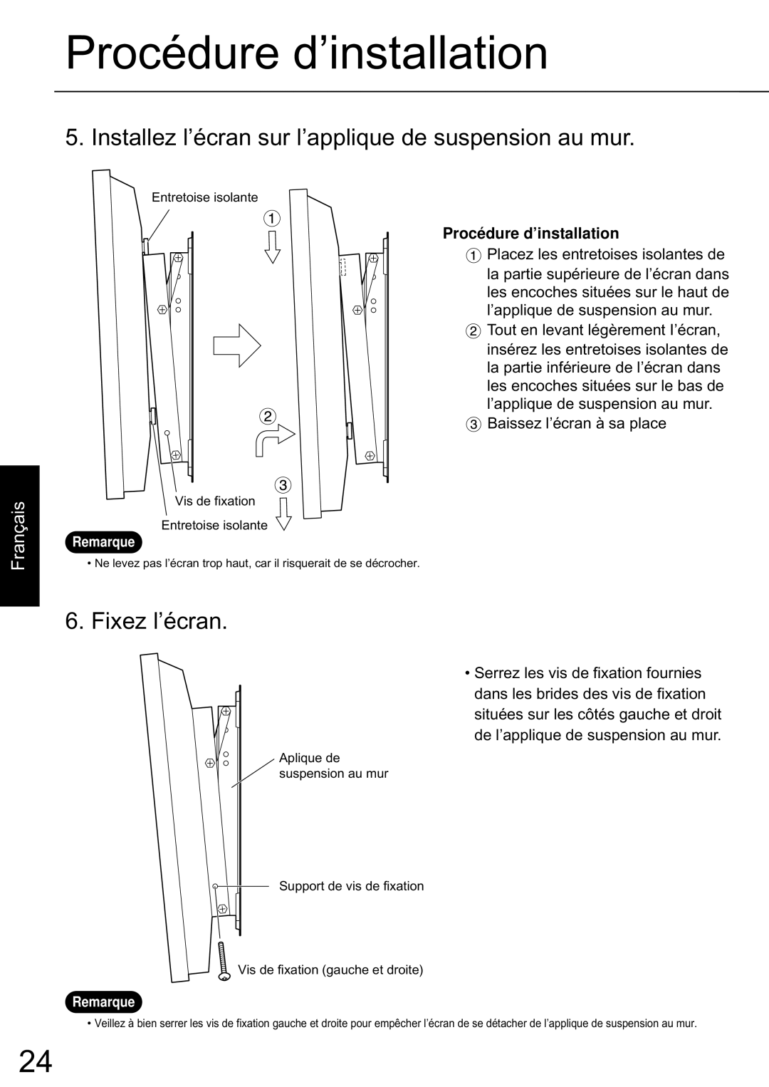 JVC TS-C50P6G, TS-C50P2G manual Installez l’écran sur l’applique de suspension au mur, Fixez l’écran 