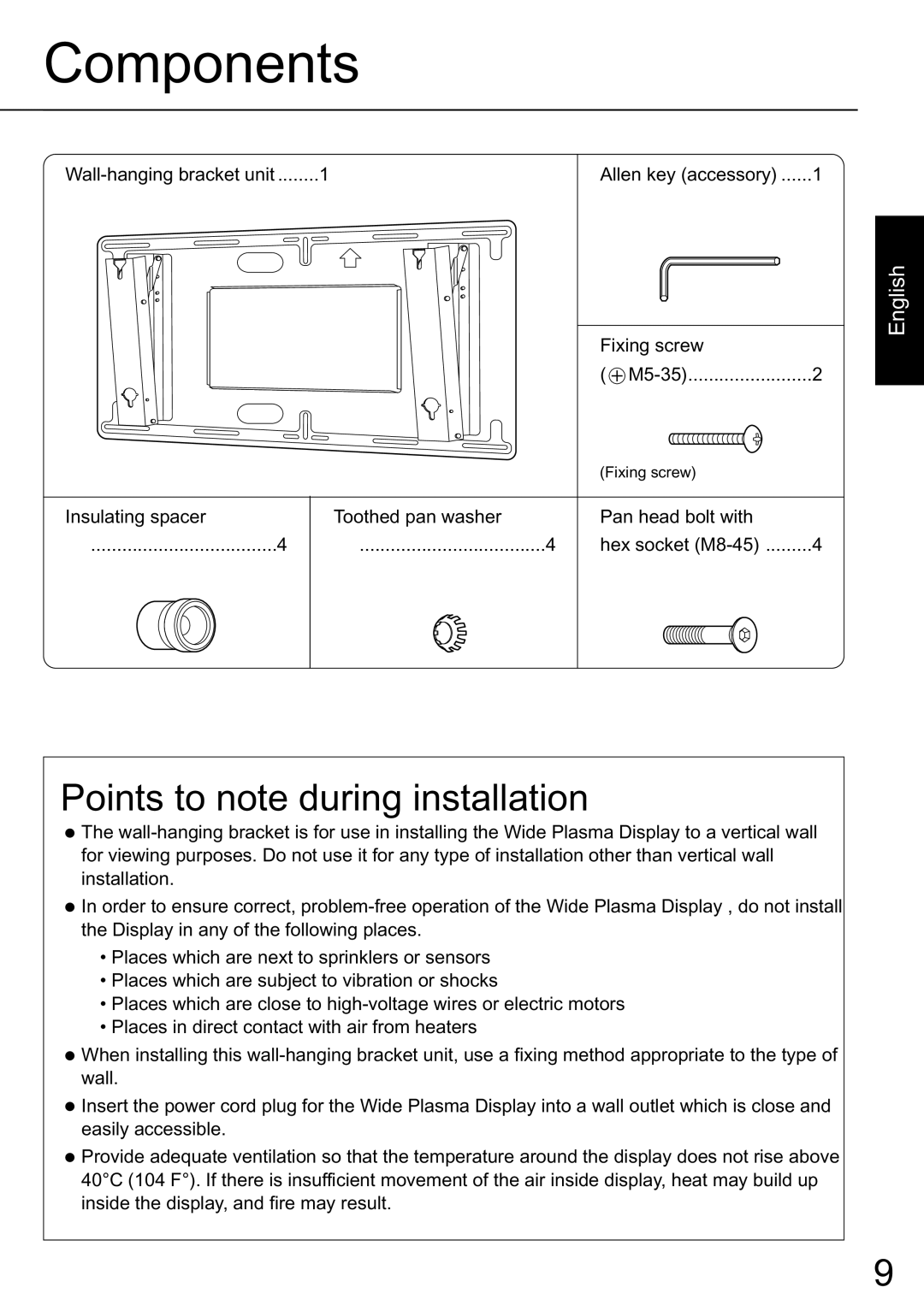 JVC TS-C50P2G, TS-C50P6G manual Components, Points to note during installation, Pan head bolt with Hex socket M8-45 