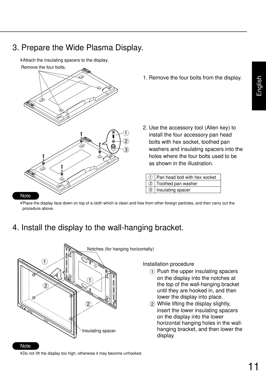 JVC TS-C50P2G, TS-C50P6G manual Prepare the Wide Plasma Display, Install the display to the wall-hanging bracket 