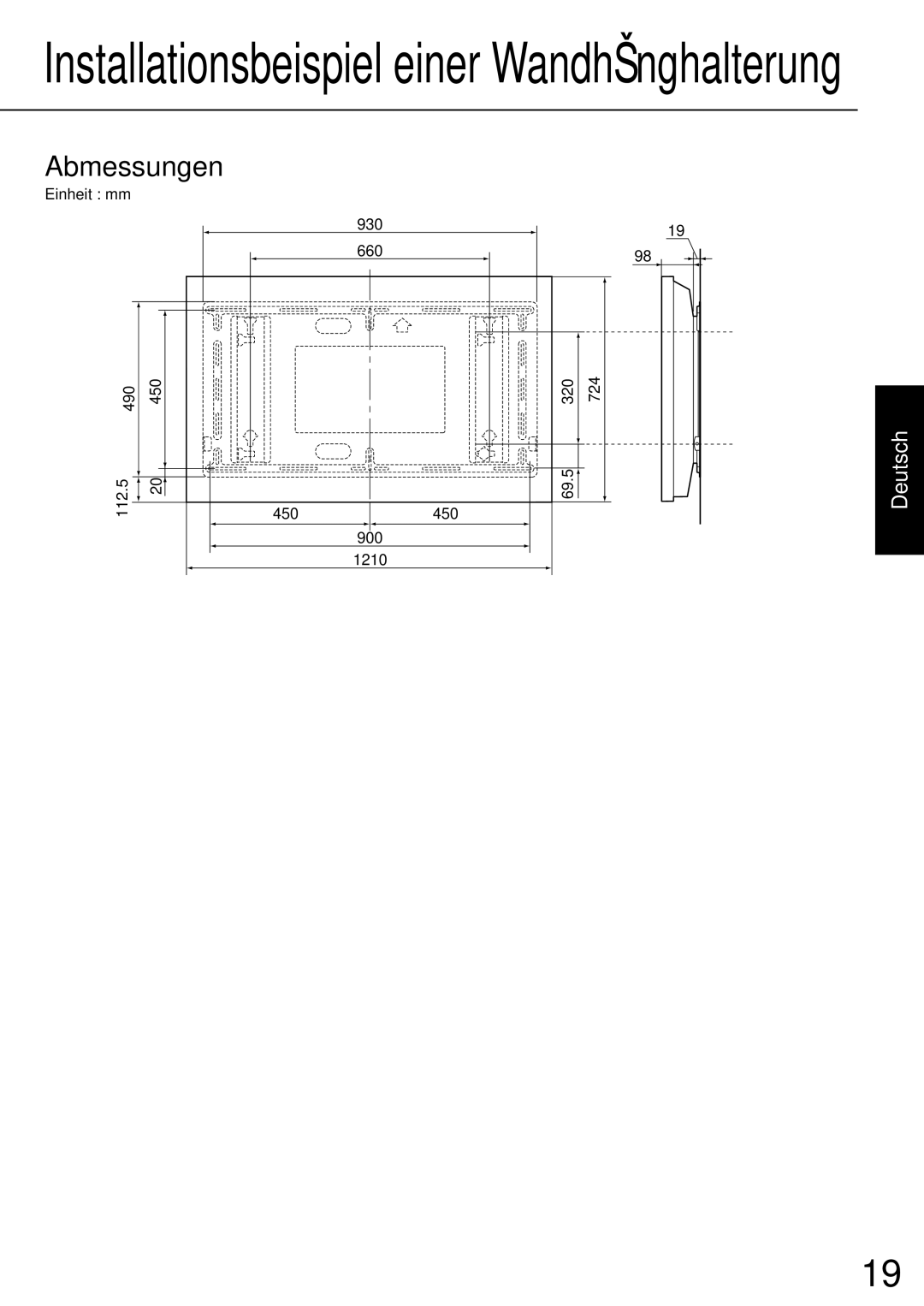 JVC TS-C50P2G, TS-C50P6G manual Installationsbeispiel einer Wandhänghalterung, Abmessungen 