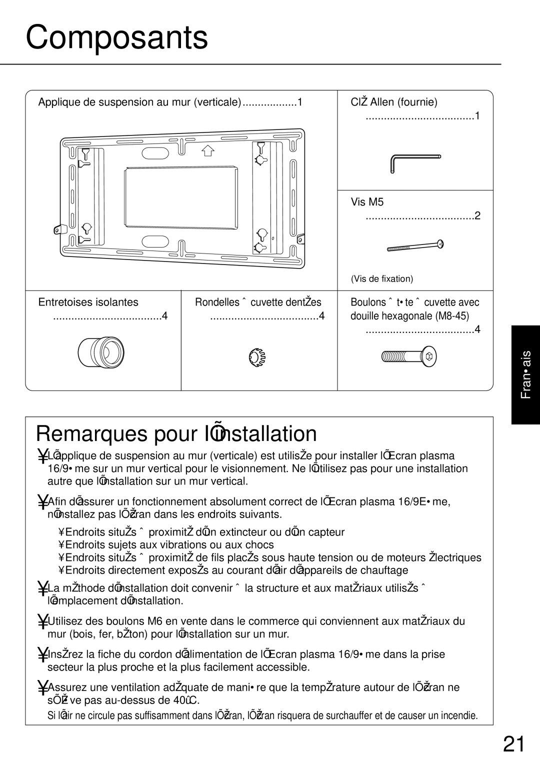 JVC TS-C50P2G, TS-C50P6G manual Composants, Remarques pour I’installation 