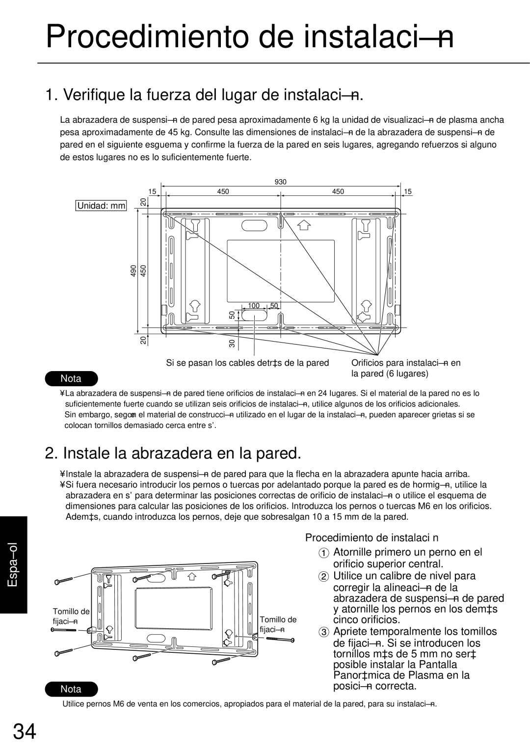 JVC TS-C50P6G, TS-C50P2G manual Verifique la fuerza del lugar de instalación, Instale la abrazadera en la pared 