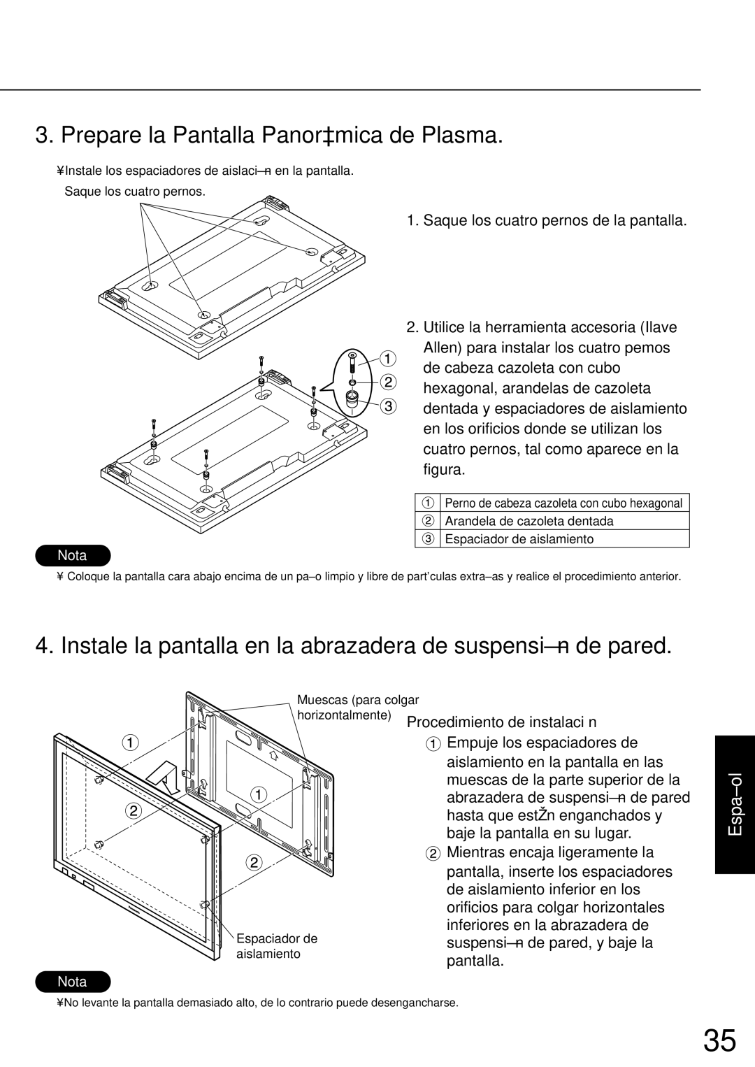 JVC TS-C50P2G manual Prepare la Pantalla Panorámica de Plasma, Instale la pantalla en la abrazadera de suspensión de pared 