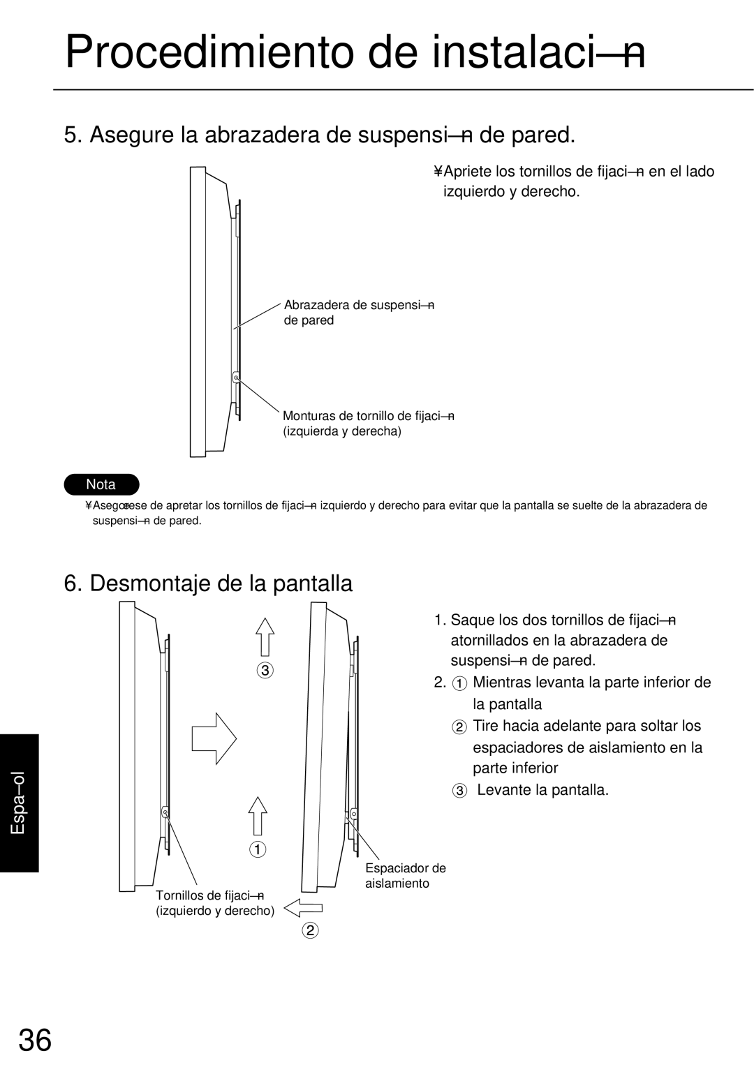 JVC TS-C50P6G, TS-C50P2G manual Asegure la abrazadera de suspensión de pared, Desmontaje de la pantalla 