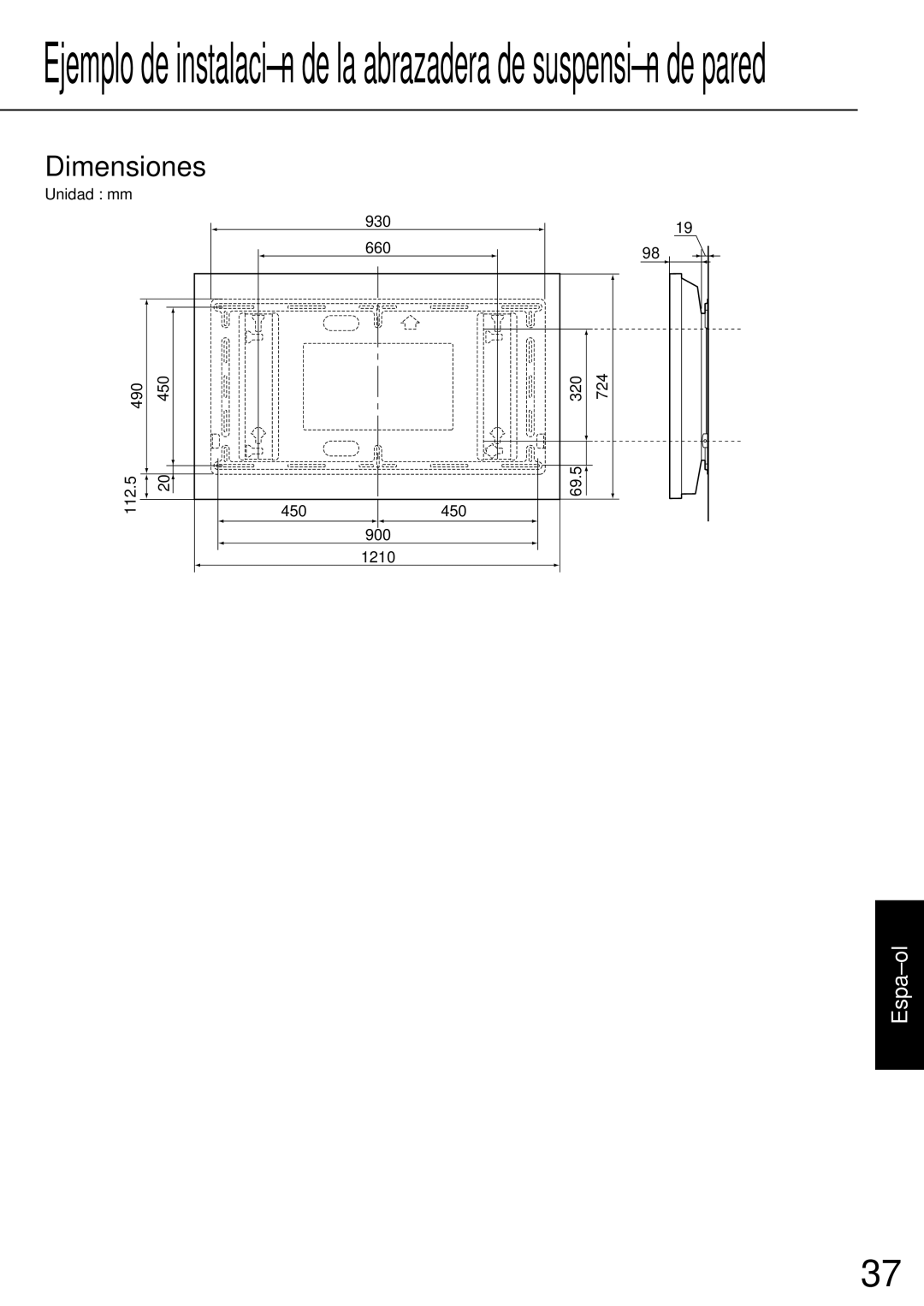 JVC TS-C50P2G, TS-C50P6G manual Unidad mm 930 660 490 450 320 724 112.5 69.5 900 1210 