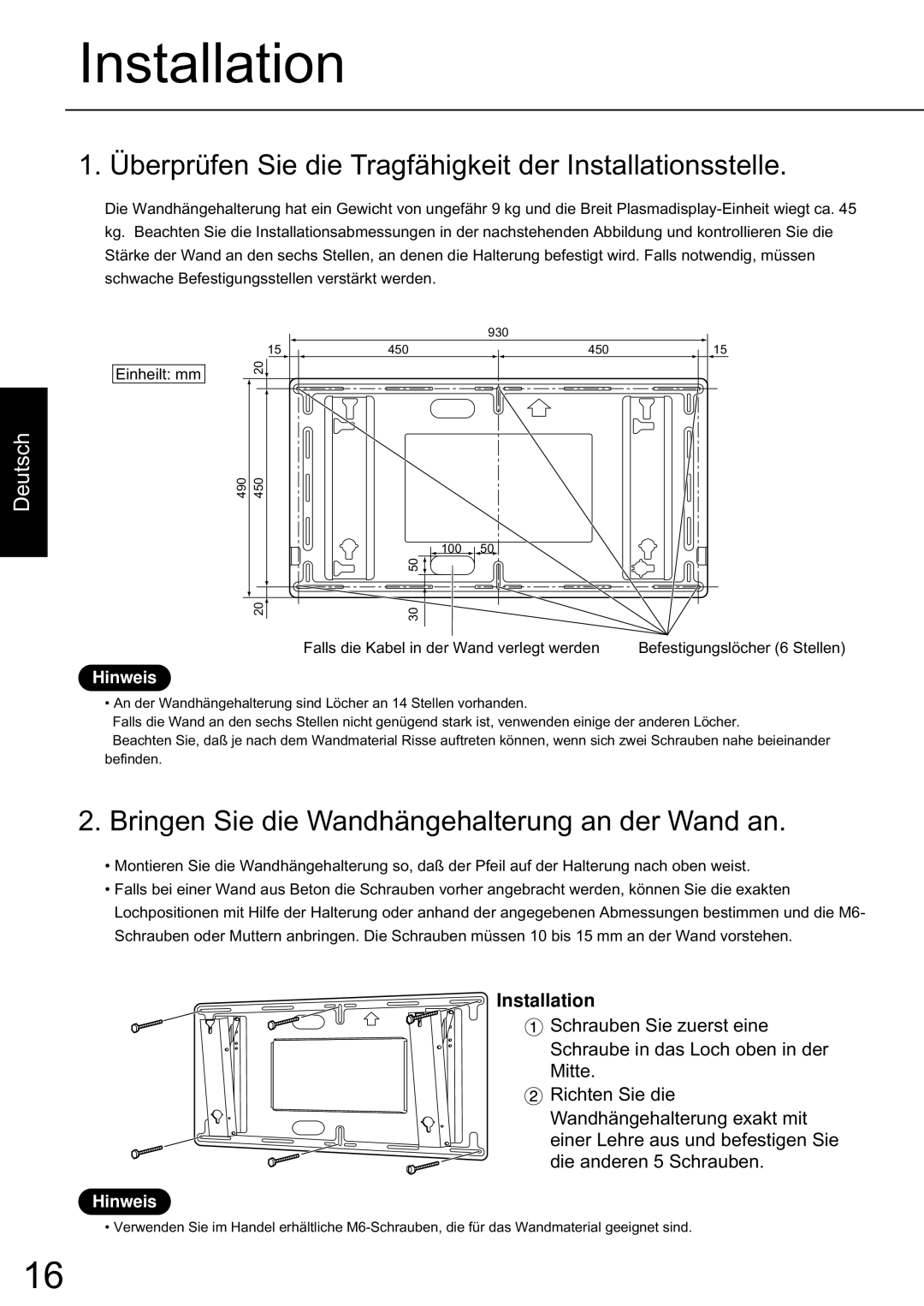 JVC TS-C50P6G, TS-C50P2G manual Berprüfen Sie die Tragfähigkeit der Installationsstelle 