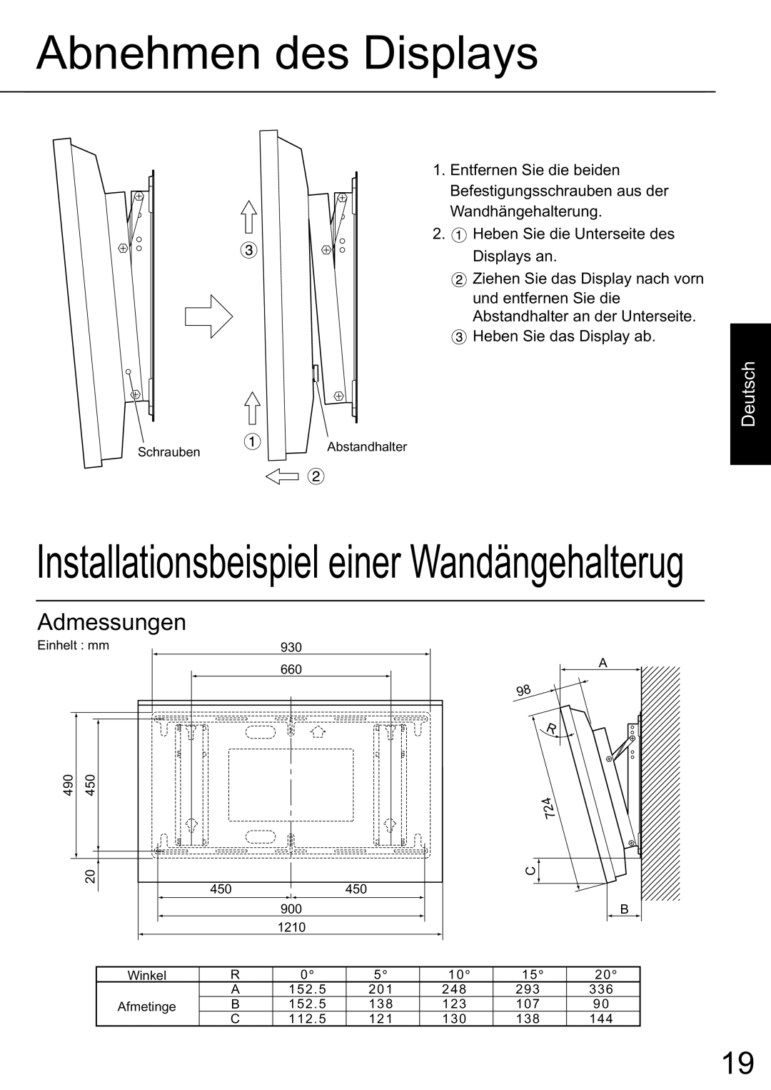 JVC TS-C50P2G, TS-C50P6G manual Abnehmen des Displays, Installationsbeispiel einer Wandängehalterug, Deutsch 