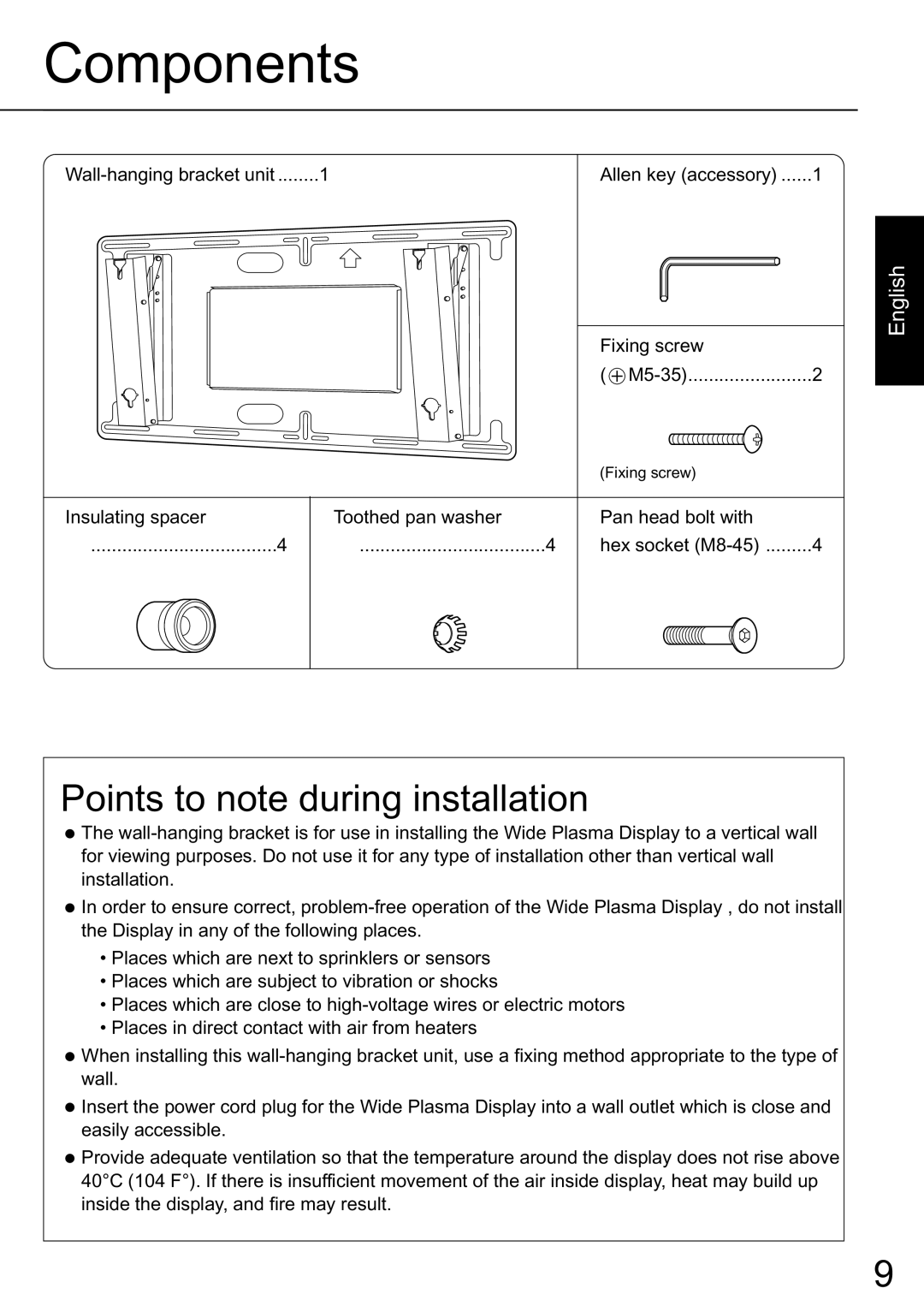 JVC TS-C50P2G, TS-C50P6G manual Components, Points to note during installation, English 