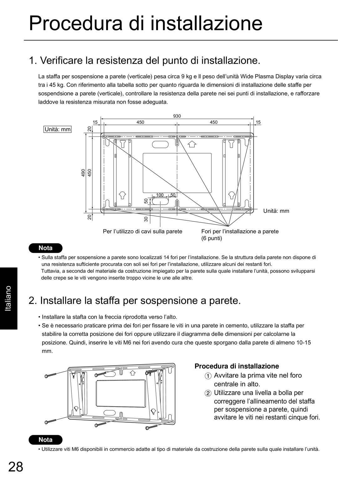 JVC TS-C50P6G, TS-C50P2G manual Procedura di installazione, Italiano, N o t e, Nota 