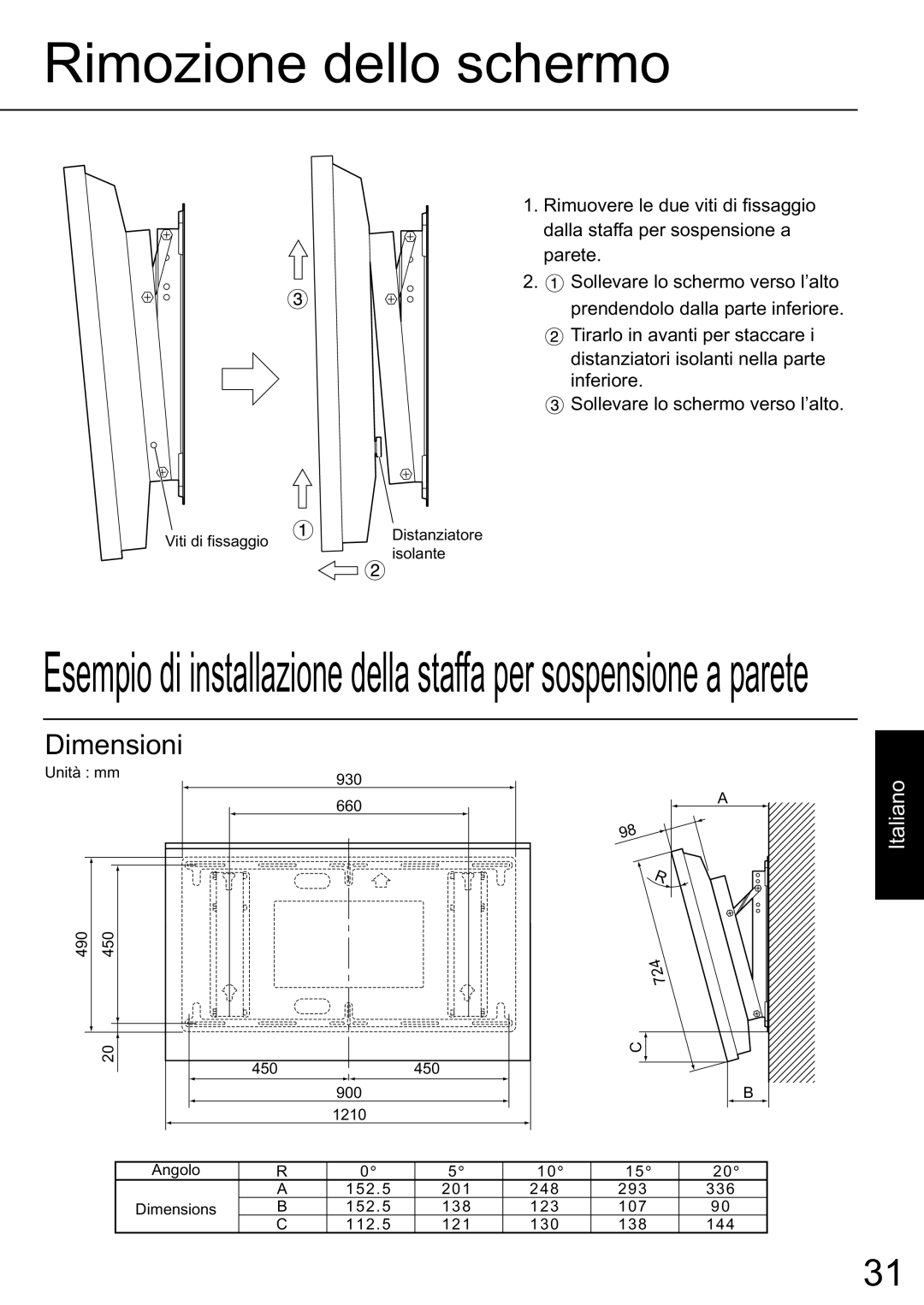 JVC TS-C50P2G, TS-C50P6G manual Rimozione dello schermo, Dimensioni, Italiano 