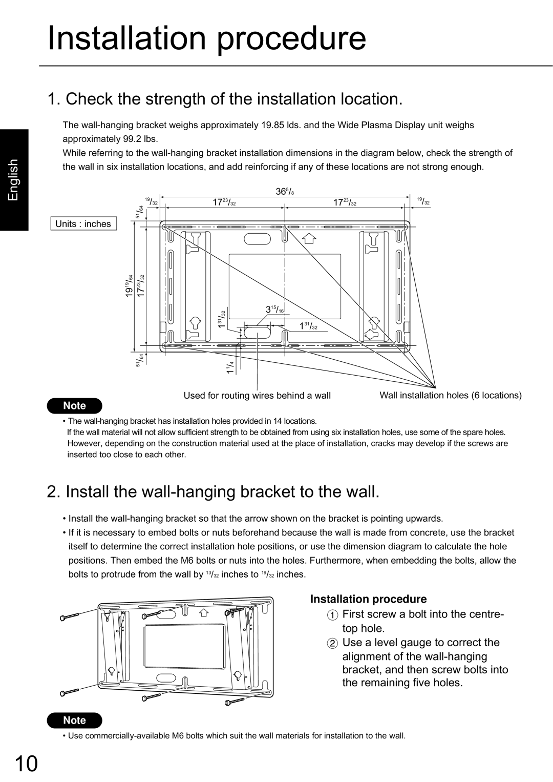 JVC TS-C50P6G, TS-C50P2G manual Installation procedure, Install the wall-hangingbracket to the wall, English, N o t e 