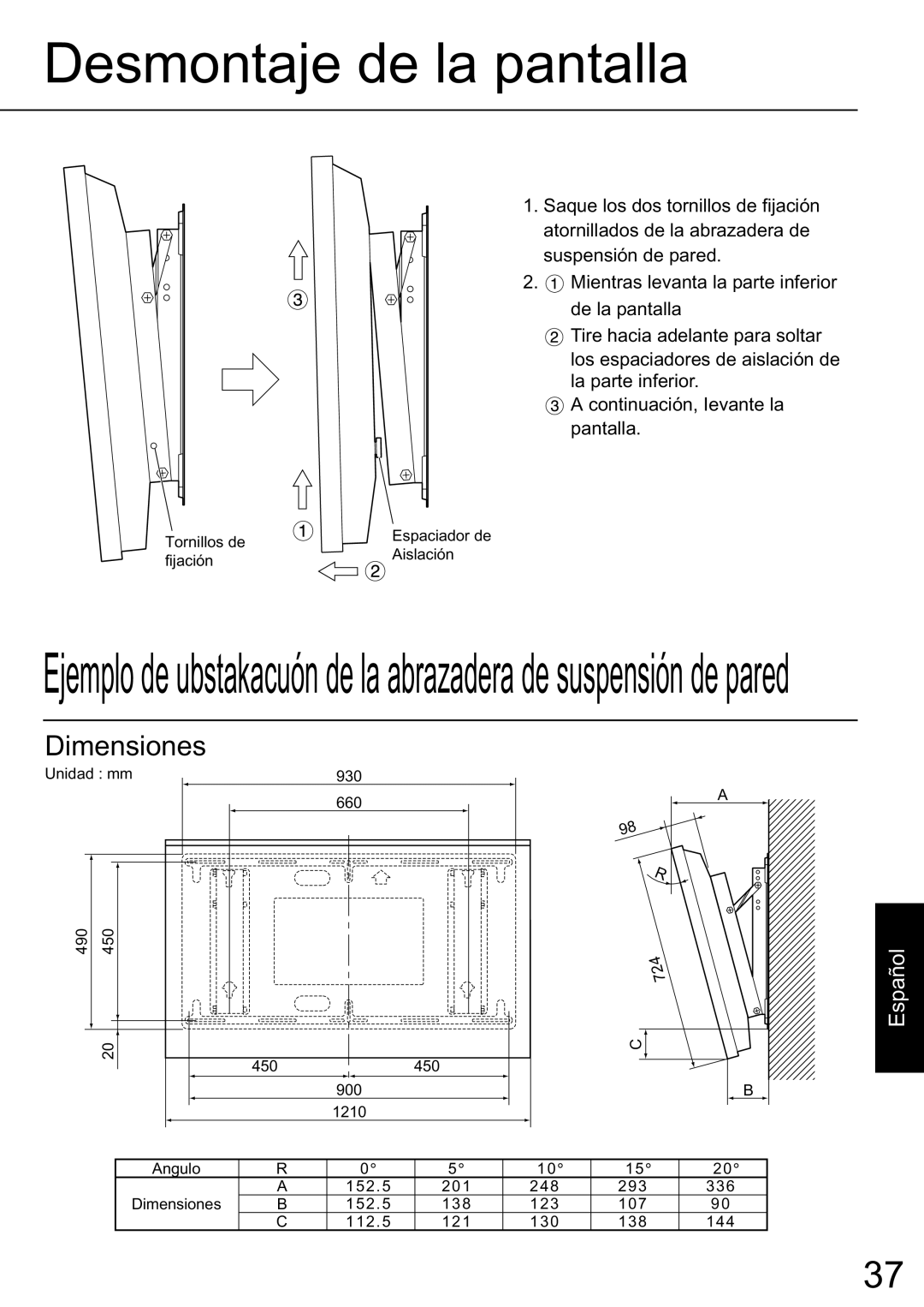 JVC TS-C50P2G, TS-C50P6G manual Desmontaje de la pantalla, Dimensiones, Español 