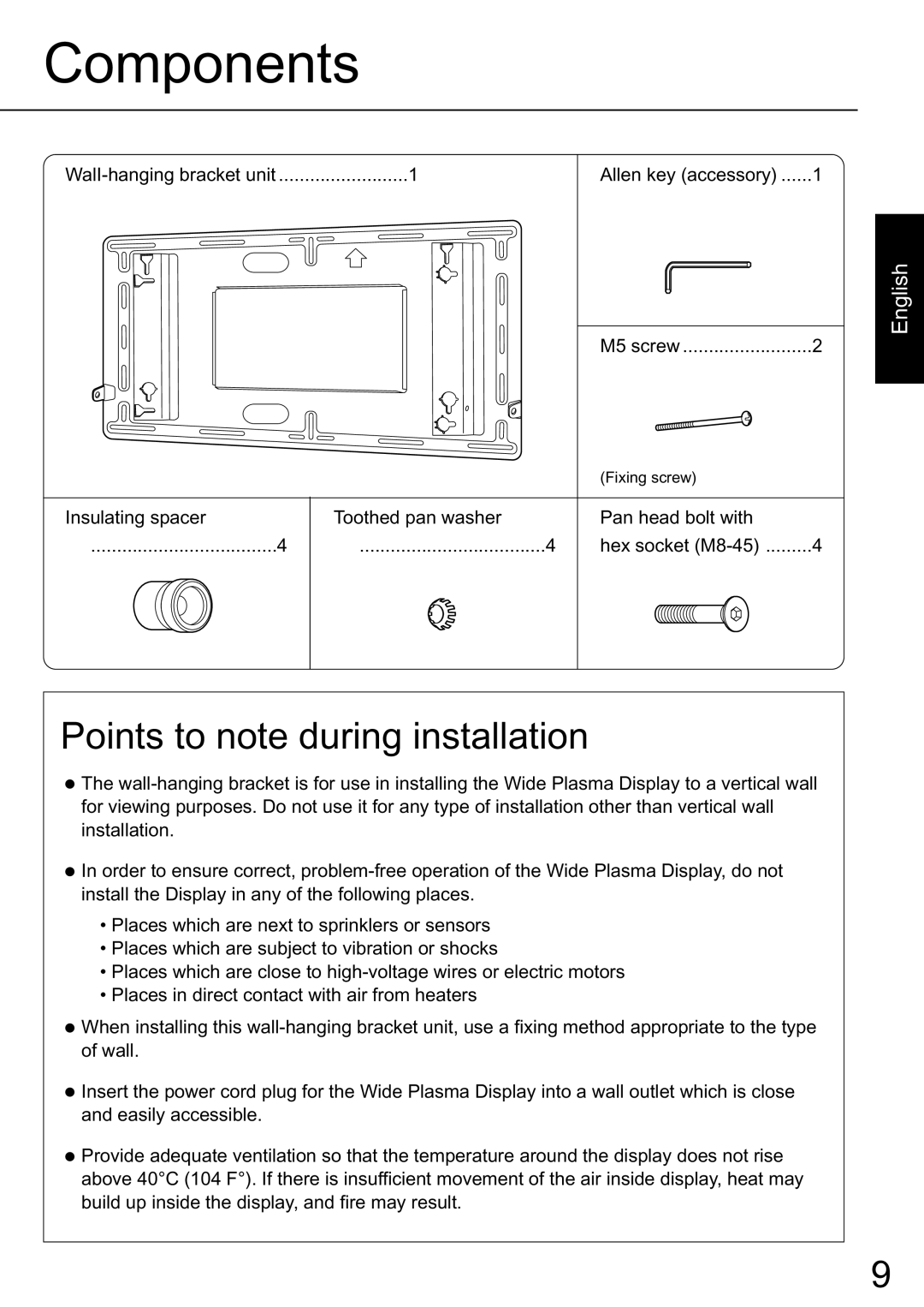 JVC TS-C50P2G, TS-C50P6G manual Components, Points to note during installation, English, WalI-hangingbracket unit 