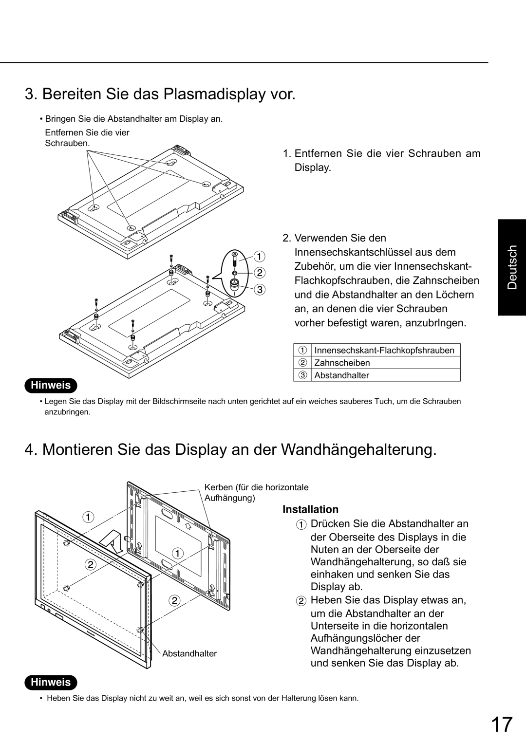 JVC TS-C50P2G, TS-C50P6G manual Bereiten Sie das Plasmadisplay vor, Deutsch, Hinweis 