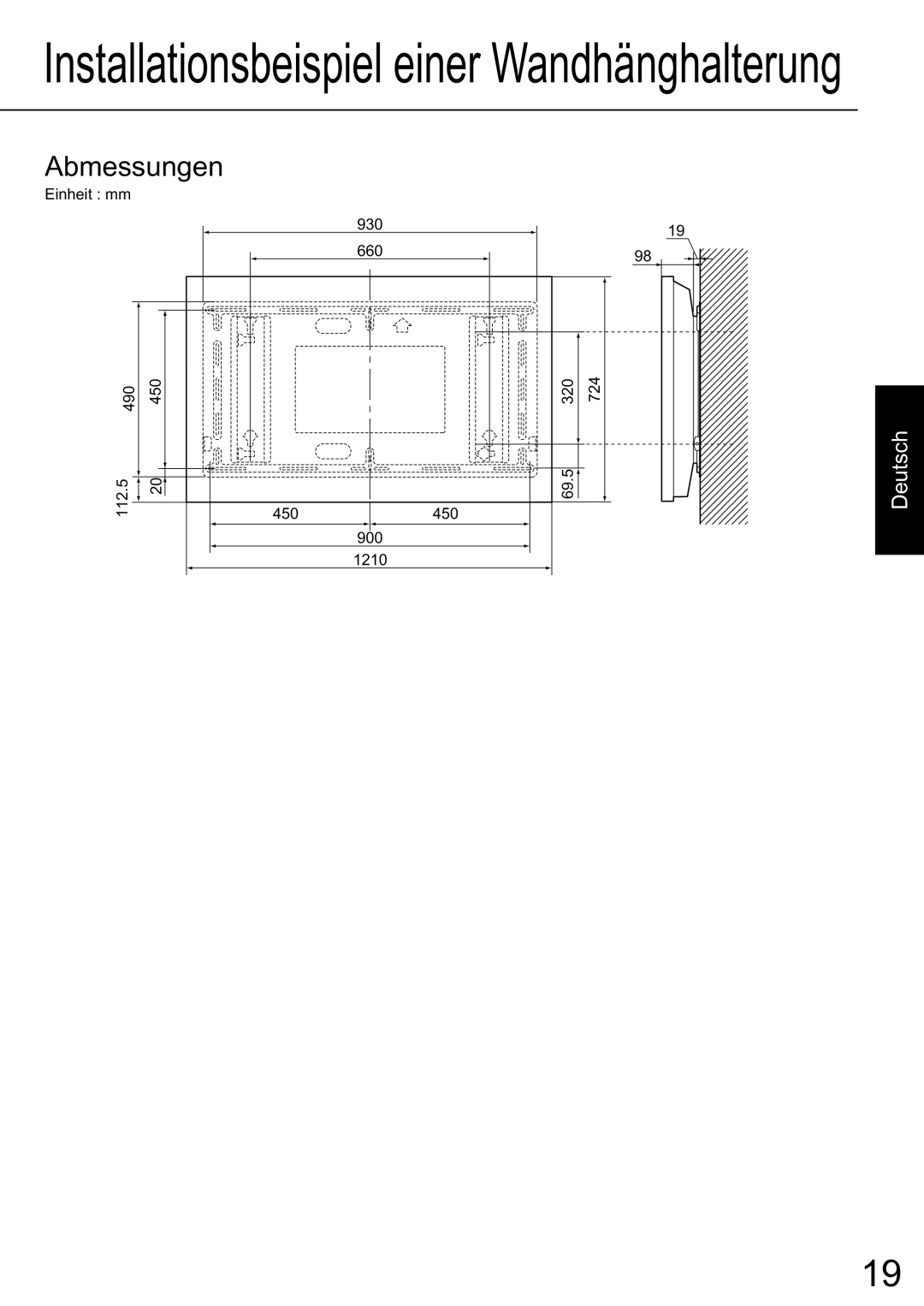 JVC TS-C50P2G, TS-C50P6G manual Installationsbeispiel einer Wandhänghalterung, Abmessungen, Deutsch 