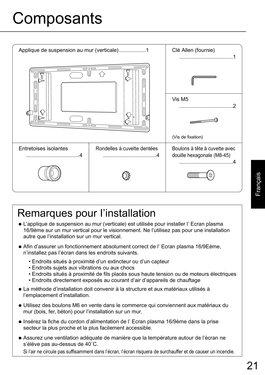 JVC TS-C50P2G, TS-C50P6G manual Remarques pour I’installation, Composants, Français 
