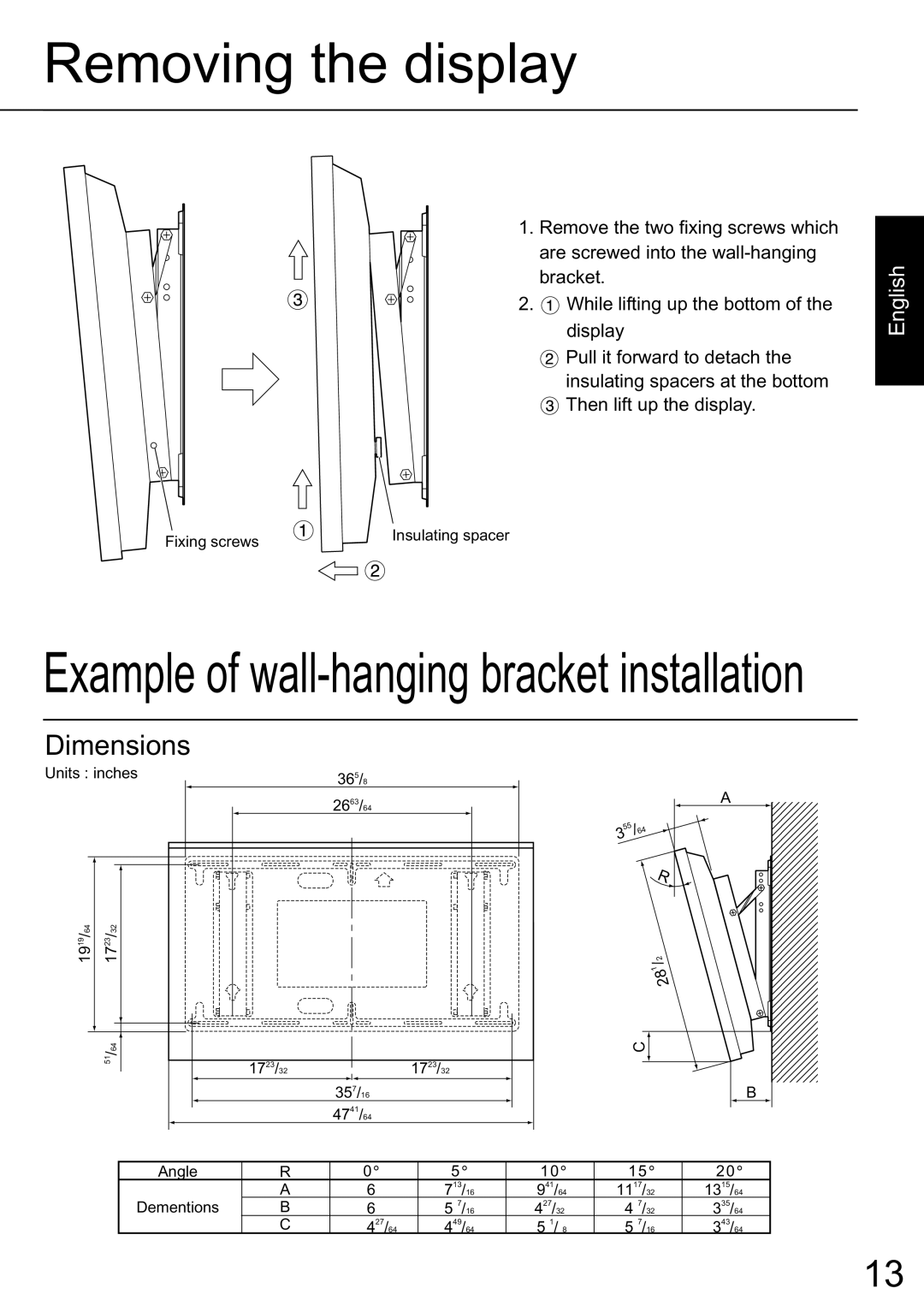 JVC TS-C50P2G, TS-C50P6G manual Removing the display, Example of wall-hangingbracket installation, English 