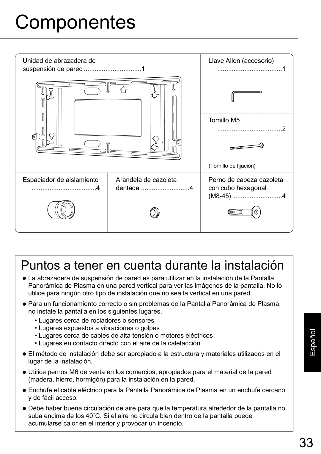 JVC TS-C50P2G, TS-C50P6G manual Puntos a tener en cuenta durante la instalación, Componentes, Español 