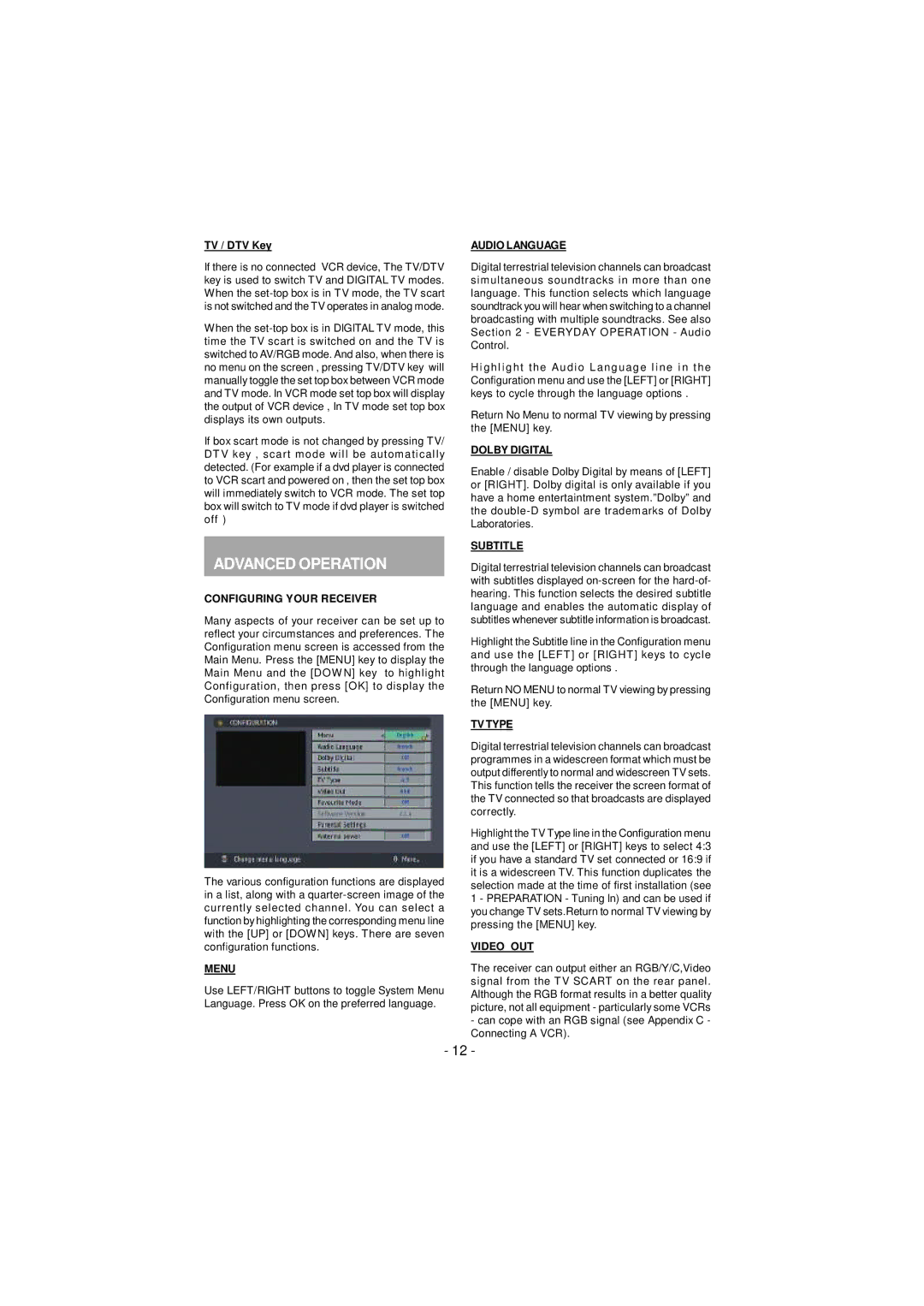 JVC TU-DB1SFR manual Configuring Your Receiver, Menu, Audio Language, Dolby Digital, Subtitle, TV Type, Video OUT 