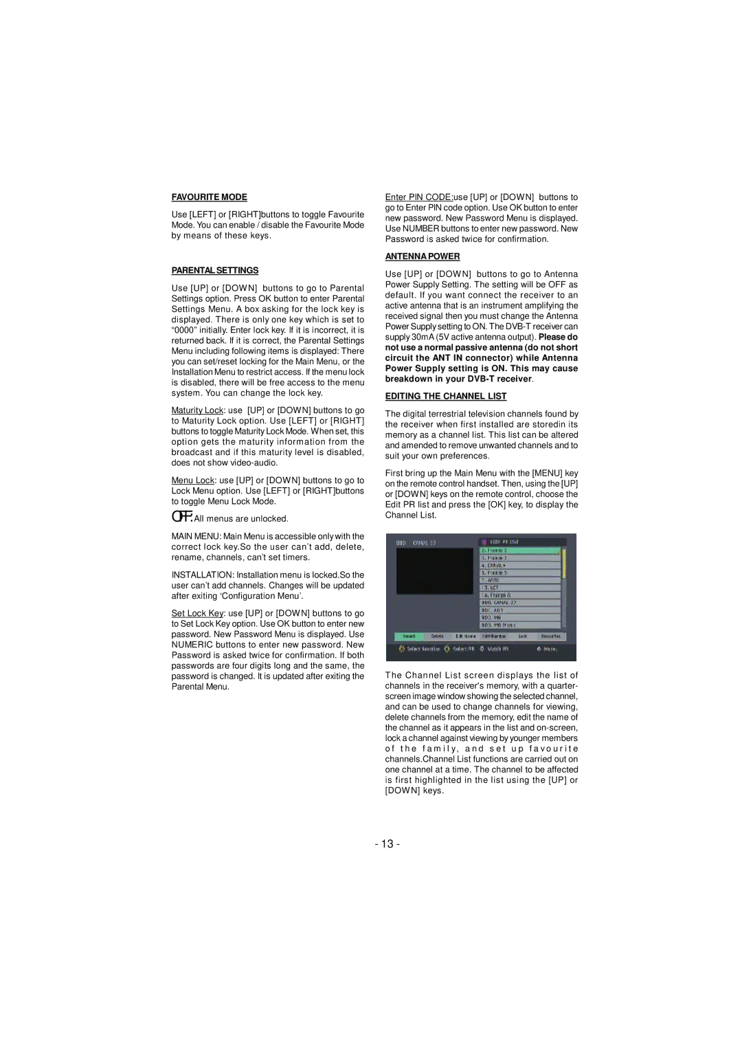 JVC TU-DB1SFR manual Favourite Mode, Parental Settings, Antenna Power, Editing the Channel List 