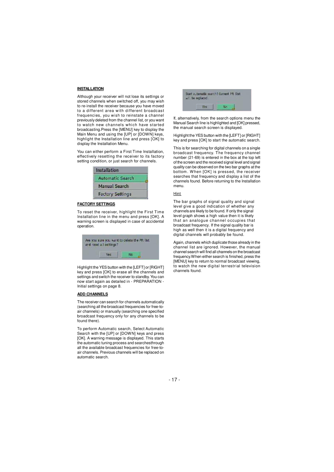 JVC TU-DB1SFR manual Installation, Factory Settings, ADD Channels 