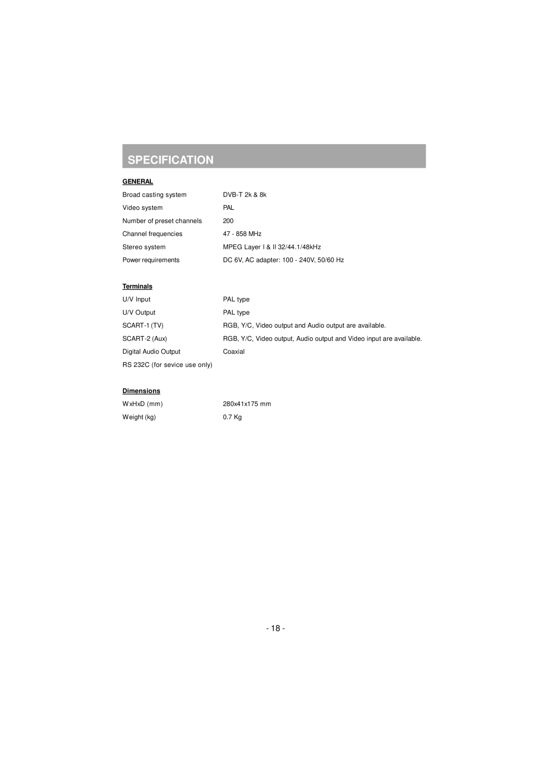 JVC TU-DB1SFR manual Specification, General, Terminals, Dimensions 