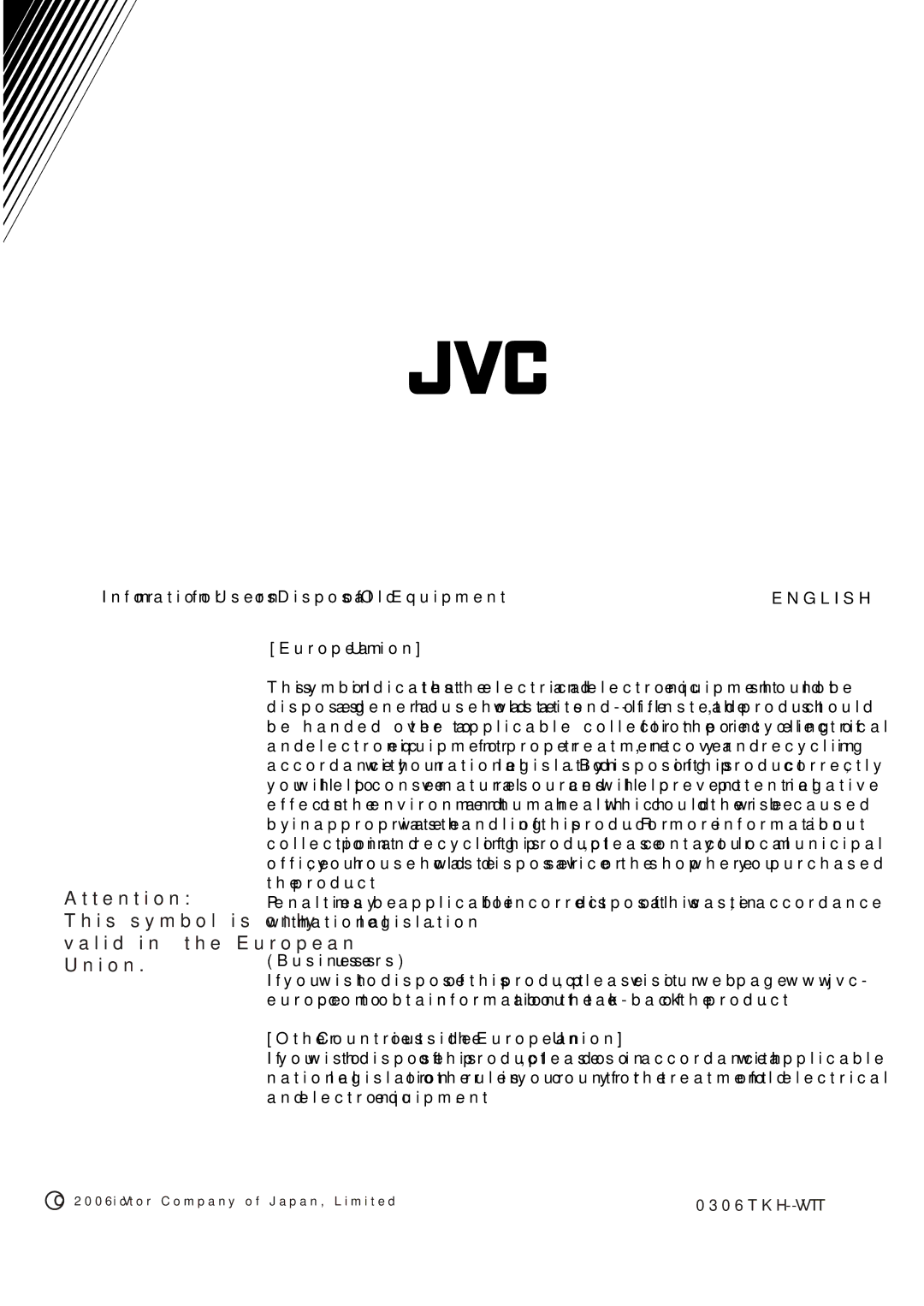 JVC TU-DB1SFR manual This symbol is only Valid in the European Union 