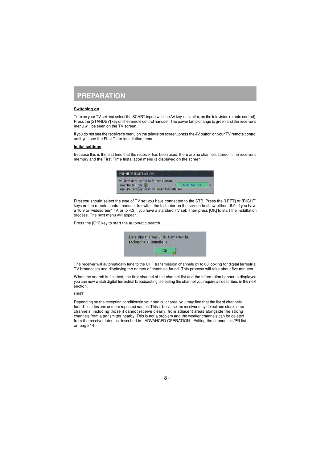 JVC TU-DB1SFR manual Switching on, Initial settings 