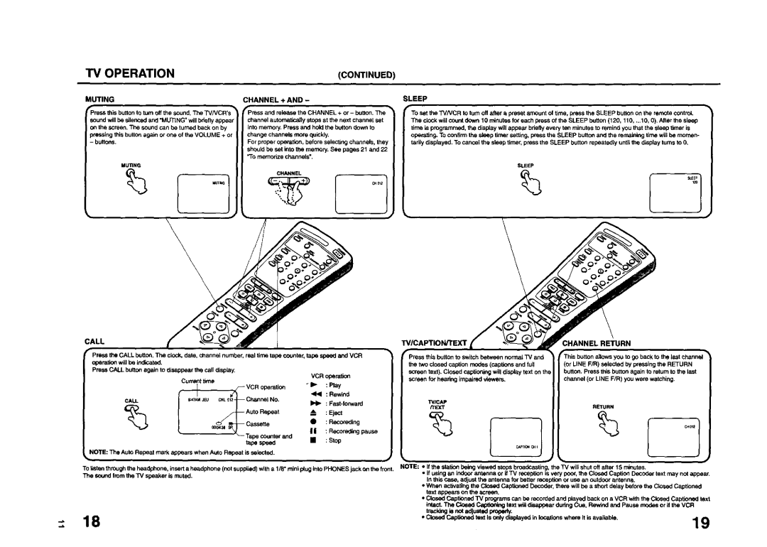 JVC TV 13140 operating instructions TV Operation, Uting CHANNEL+AND Sleep, Call, TV/CAPTION/TEXT Channel Return 