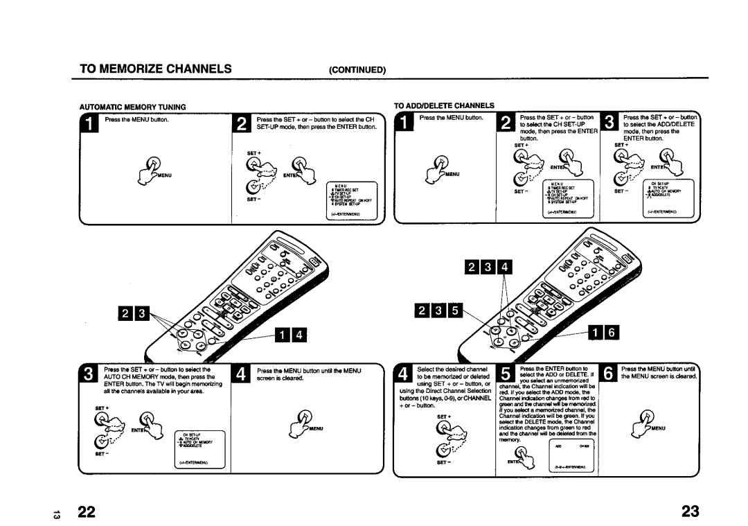 JVC TV 13140 operating instructions To Memorize Channels, Automatic Memory Tuning, To ADD/DELETE Channels 