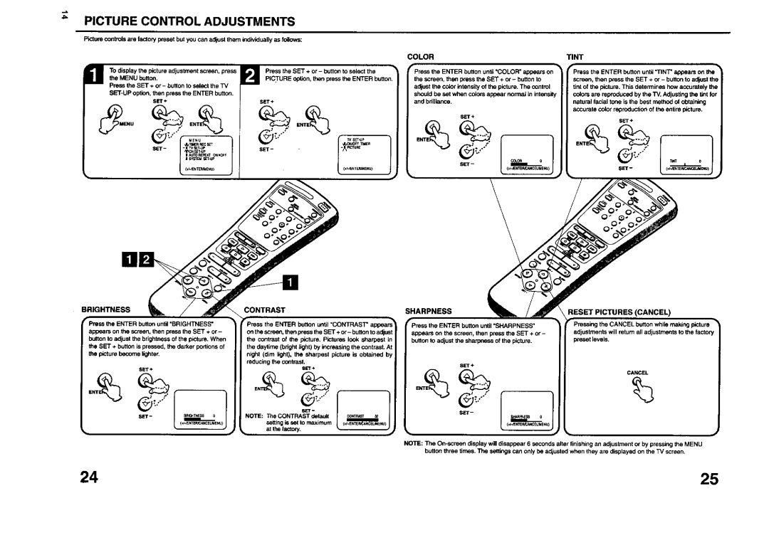 JVC TV 13140 operating instructions Picture Control Adjustments, Color Tint, Brightness, Contrast, Sharpness 