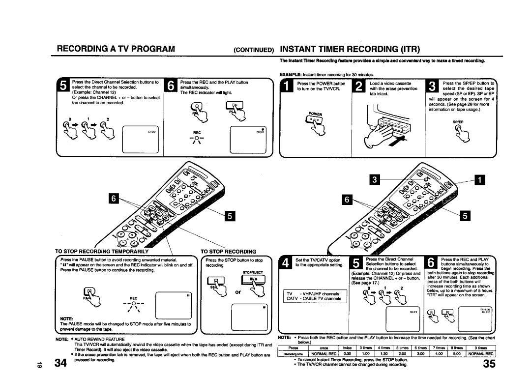 JVC TV 13140 Recording a TV Program Instant Timer Recording ITR, To Stop Recording Temporarily, Stoweject, Normal REC 