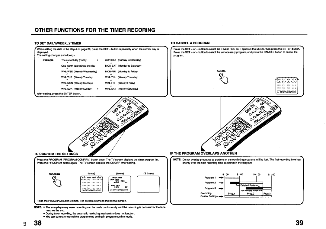 JVC TV 13140 Other Functions for the Timer Recoring, To SET DAILY/WEEKLY Timer, If the Program Overlaps Another 