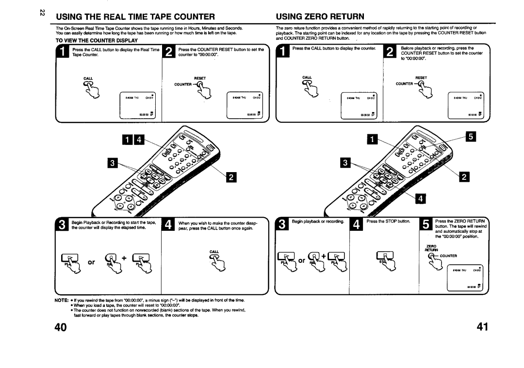 JVC TV 13140 operating instructions Using the Real Time Tape Counter, Using Zero Return, To View the Counter Display 