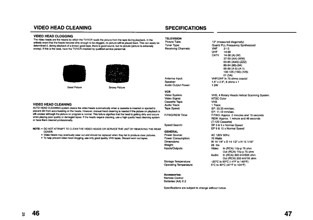 JVC TV 13140 operating instructions Video Head Cleaning, Specifications, Video Head Clogging 