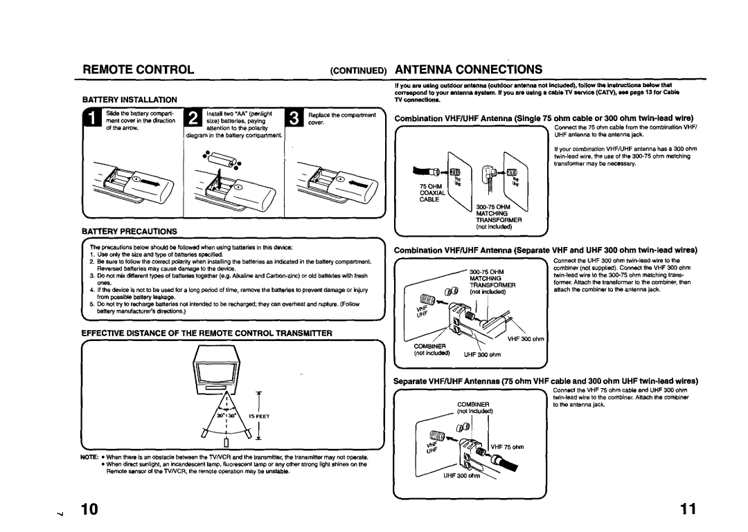 JVC TV 13140 operating instructions Remote Control, Antenna Connections, Battery Installation, Battery Precautions 