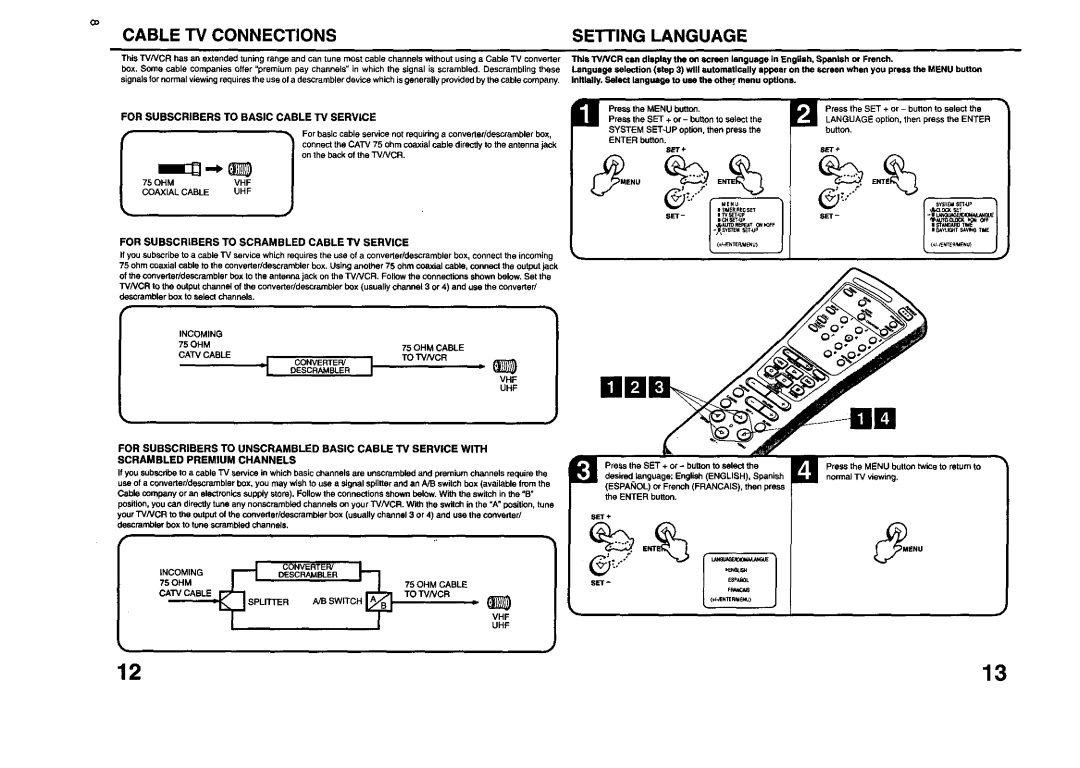 JVC TV 13140 operating instructions Cable TV Connections, Setting Language, For Subscribers to Basic Cable TV Service 