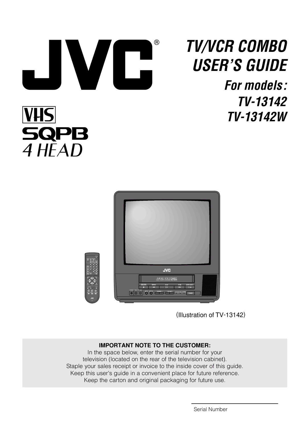 JVC TV 13142, TV-13142W manual TV/VCR Combo USER’S Guide, Serial Number 