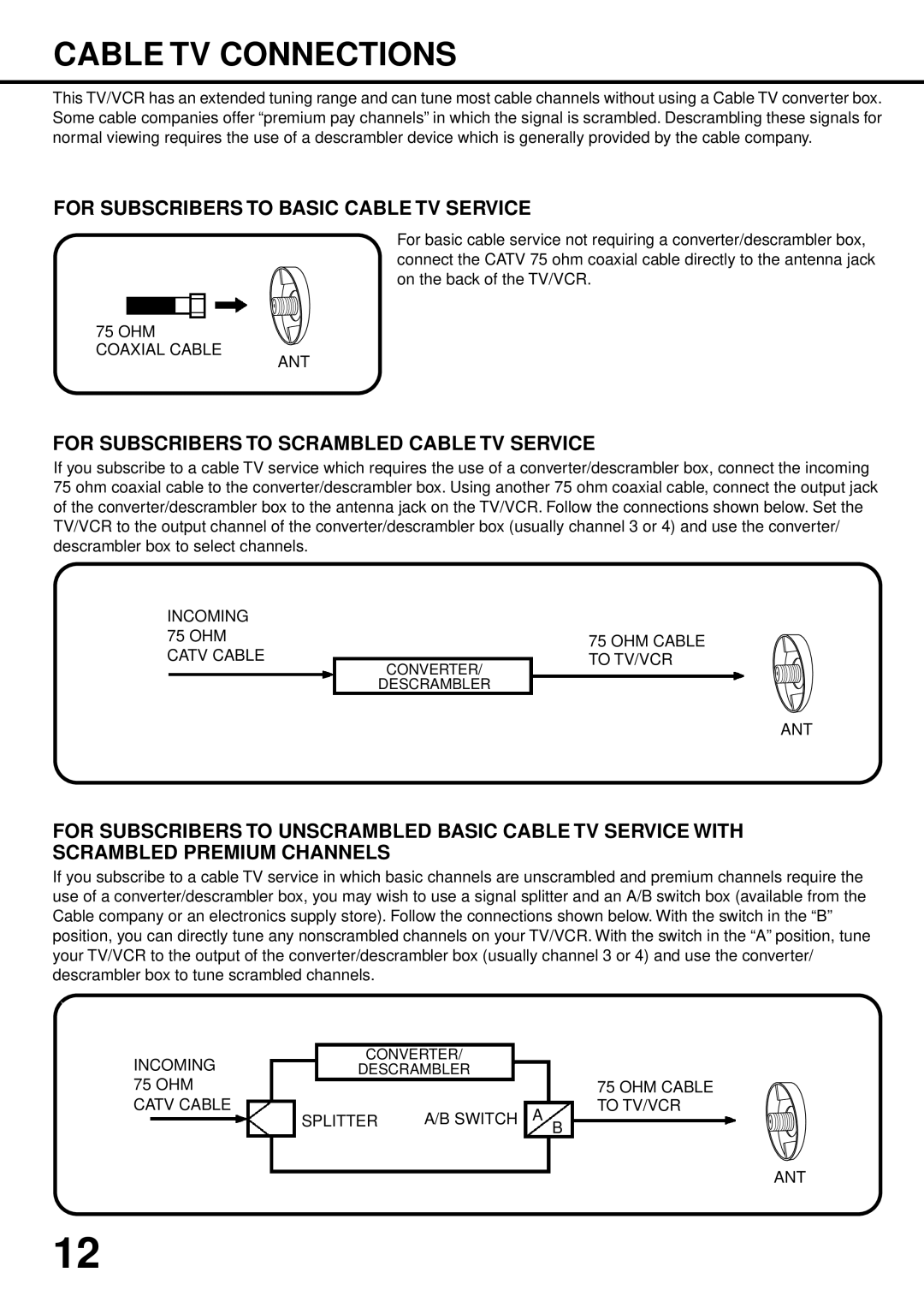 JVC TV-13142W, TV 13142 manual Cable TV Connections, For Subscribers to Basic Cable TV Service 