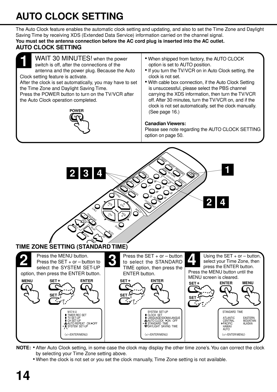 JVC TV-13142W, TV 13142 manual Auto Clock Setting, Time Zone Setting Standard Time, Canadian Viewers 