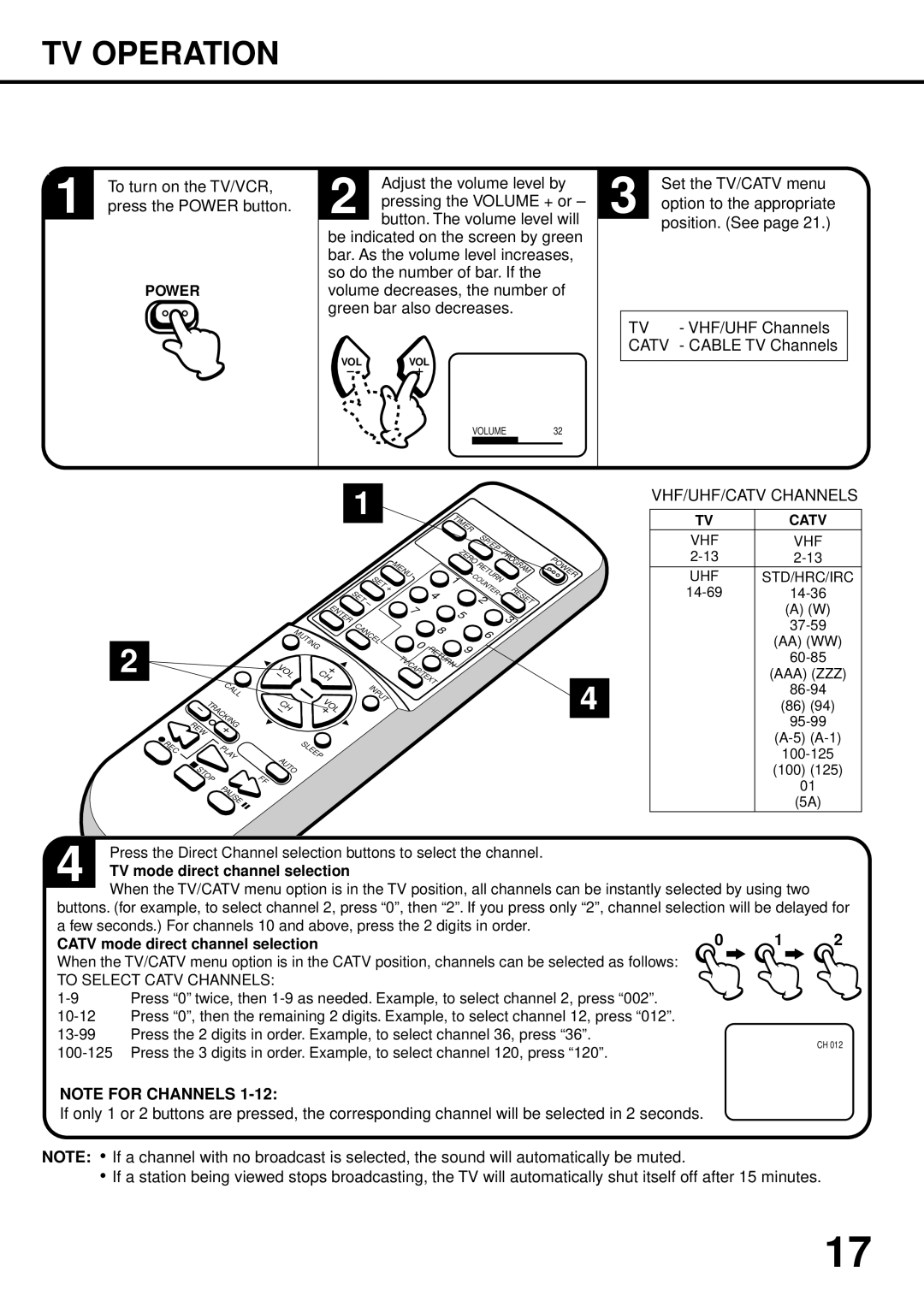 JVC TV 13142 TV Operation, To turn on the TV/VCR, Set the TV/CATV menu, Position. See VHF/UHF Channels, Cable TV Channels 