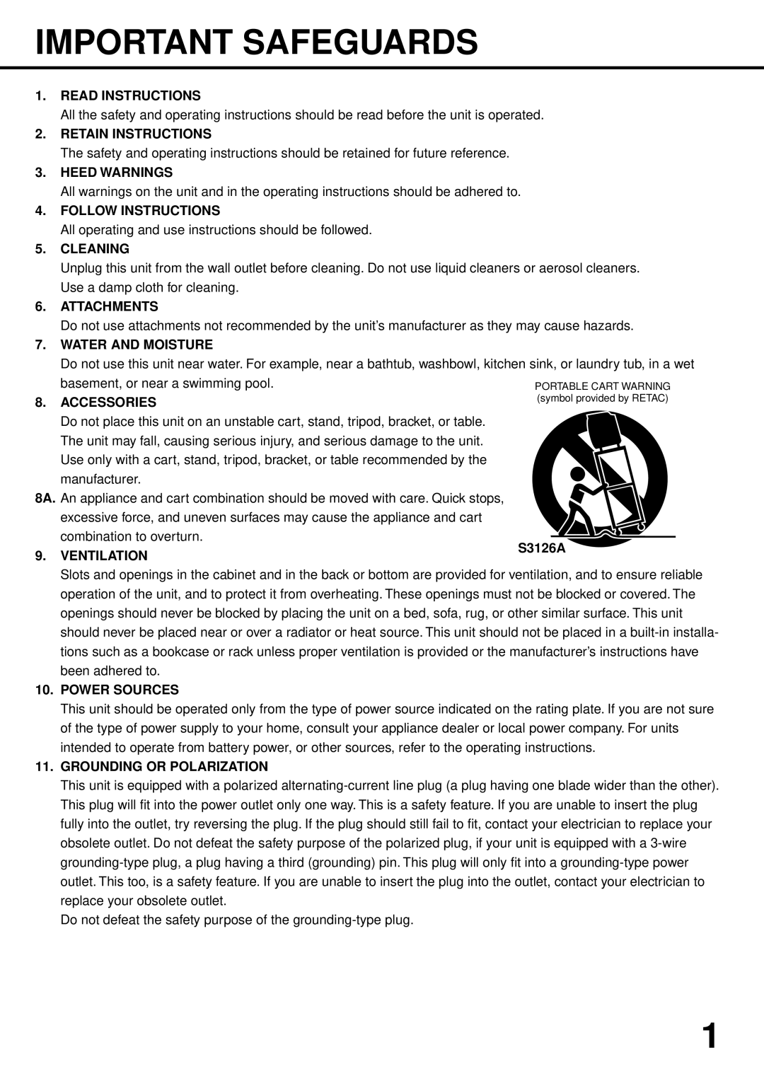 JVC TV 13142, TV-13142W Read Instructions, Retain Instructions, Heed Warnings, Follow Instructions, Cleaning, Attachments 