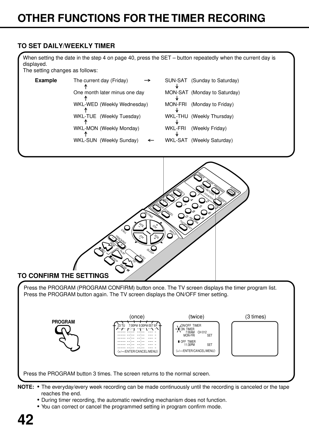 JVC TV-13142W manual Other Functions for the Timer Recoring, To SET DAILY/WEEKLY Timer, To Confirm the Settings, Example 