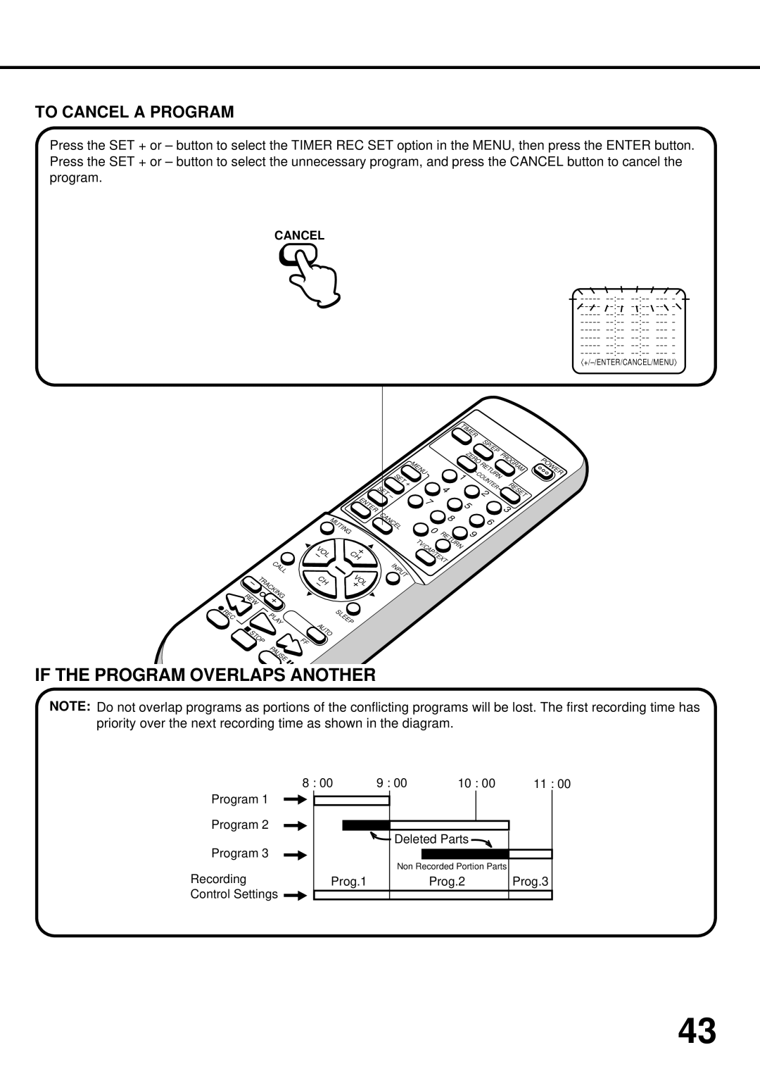 JVC TV 13142, TV-13142W manual If the Program Overlaps Another, To Cancel a Program 