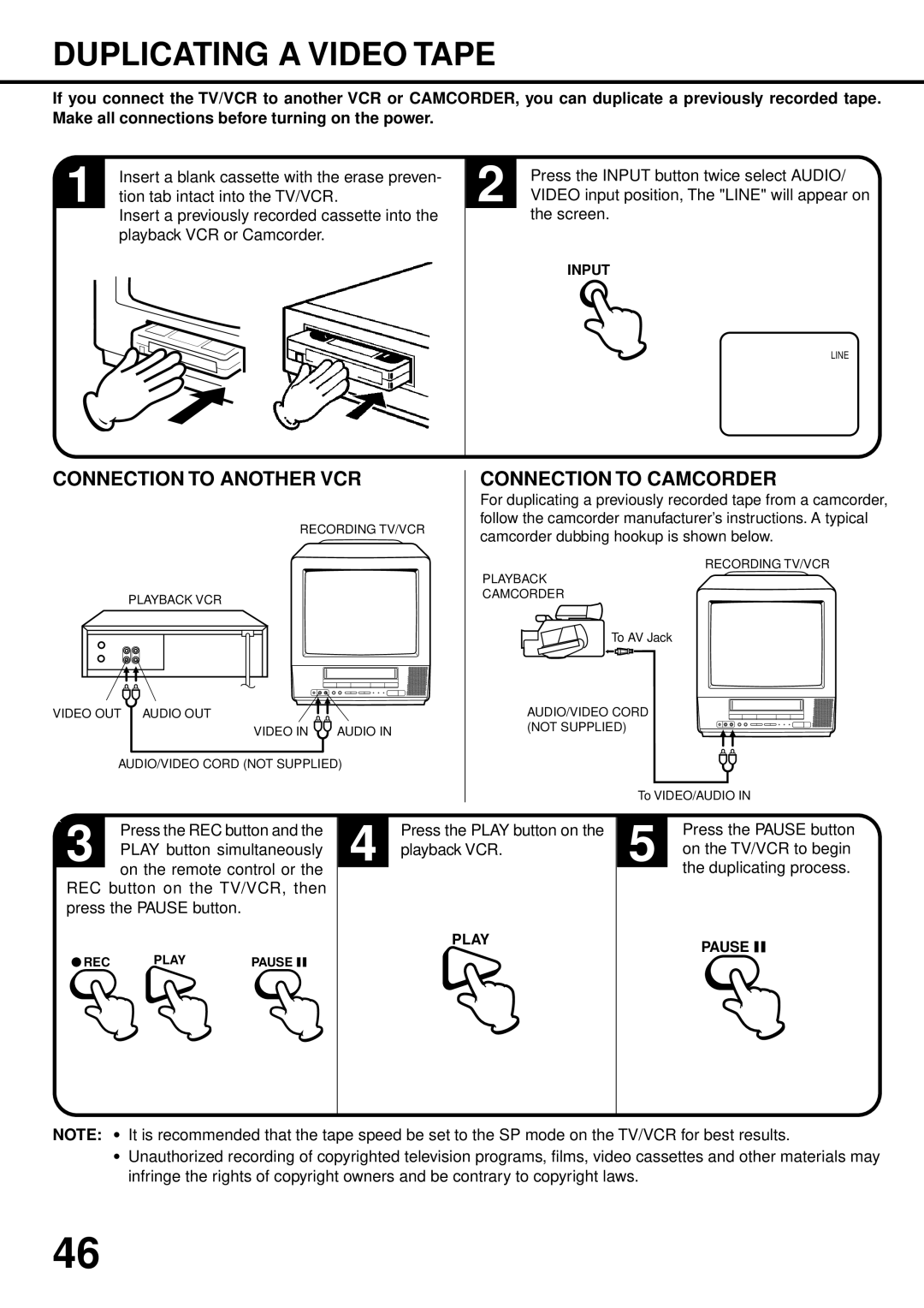 JVC TV-13142W, TV 13142 manual Duplicating a Video Tape, Connection to Another VCR, Connection to Camcorder 