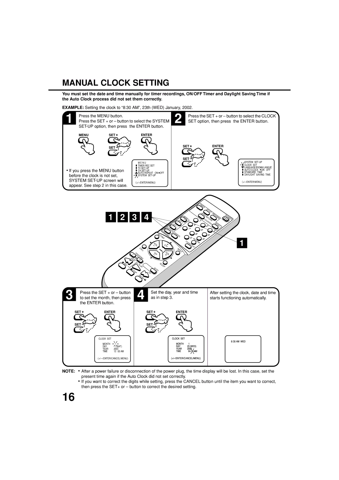 JVC TV-13143W manual Manual Clock Setting, System SET-UP screen will, Appear. See in this case, As in step 