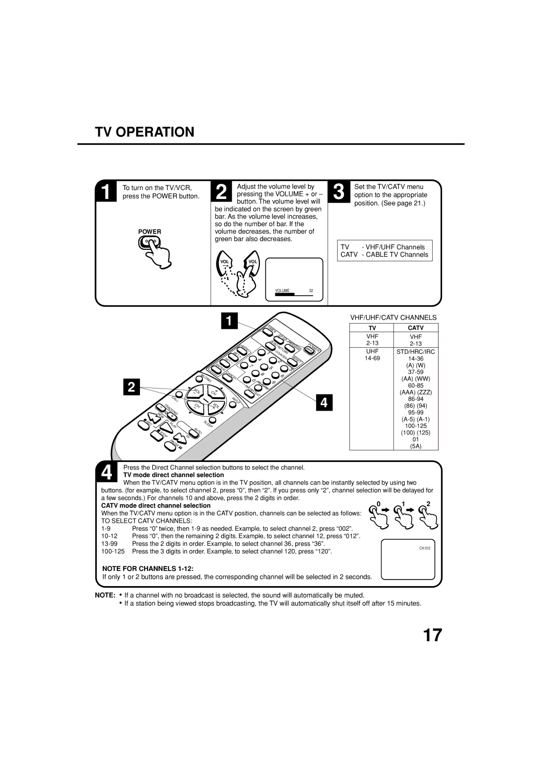 JVC TV-13143W manual TV Operation, To turn on the TV/VCR, Position. See VHF/UHF Channels, Cable TV Channels 